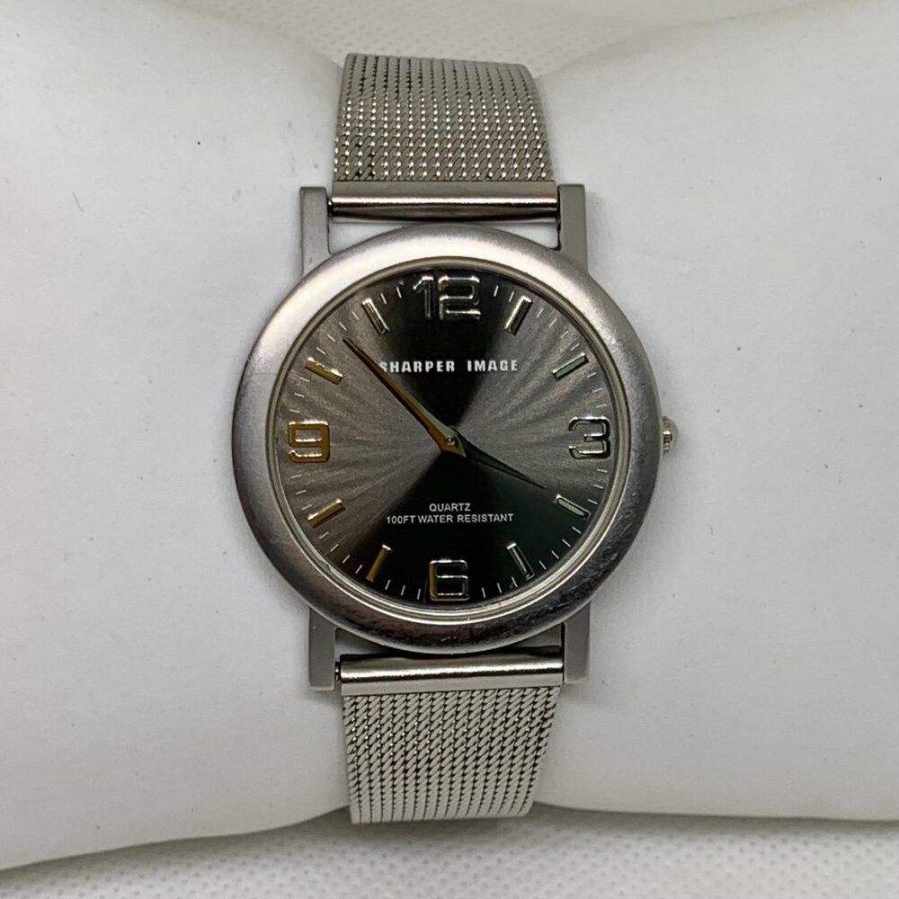 Sharper image silver tone watch 34mm quartz analog stainless mesh band running